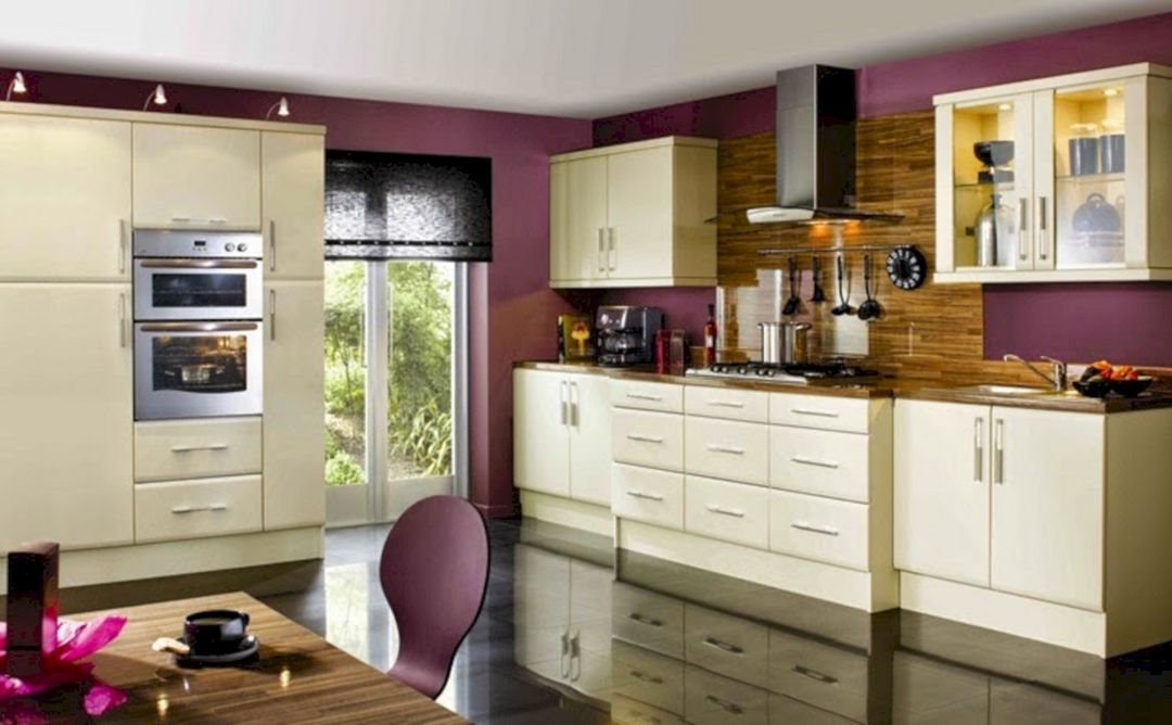 Modern White Kitchen Purple Walls with Simple Decor
