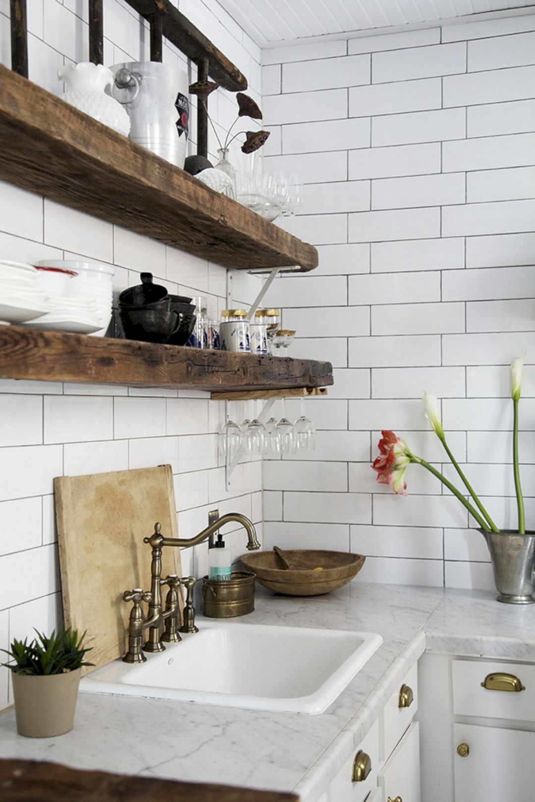 White Reclaimed Wood Kitchen Shelves