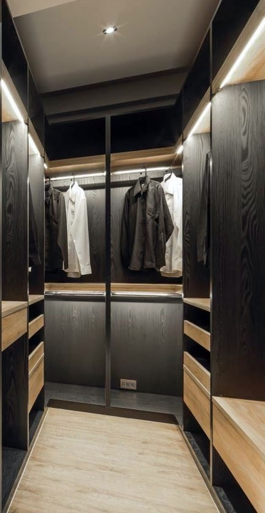 Walk In Closet Design With Black Color And Wood Element