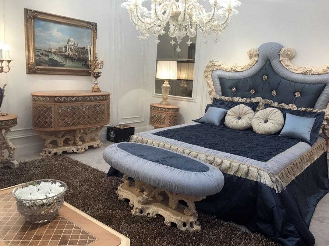 Blue Baroque Bedroom Design With Large Bed And Chrystal Chandelier From Homedit