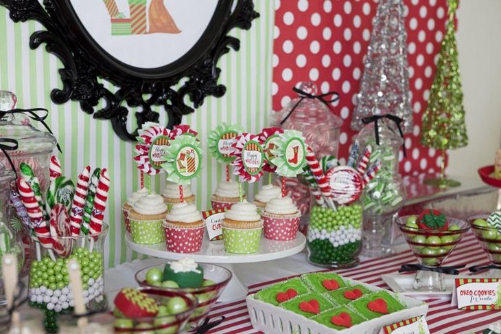 White Polka Dots On Red And Green For A Christmas Dessert Table From Tabledecoratingideas